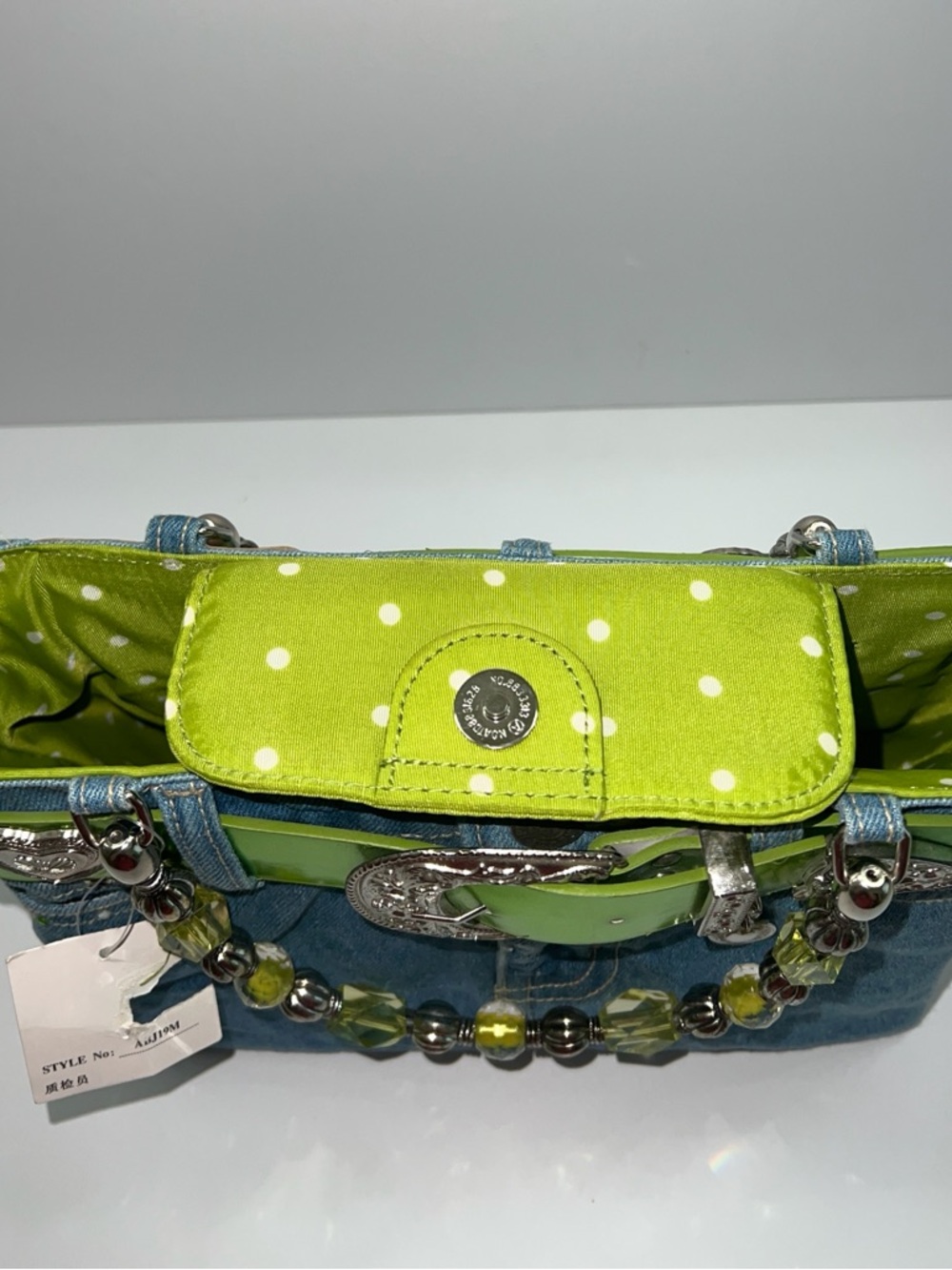 NWT MINGHAOS Denim Bag With Lime Green Belt and Beaded Handles - Picture 9 of 14